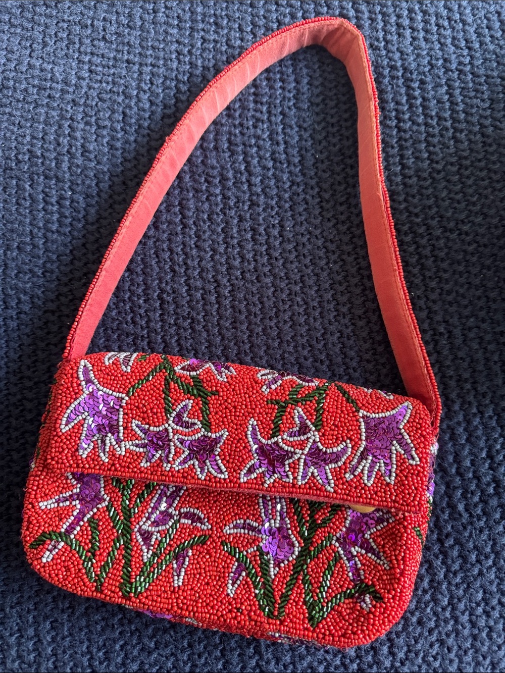 Beaded Red Floral Shoulder Bag
